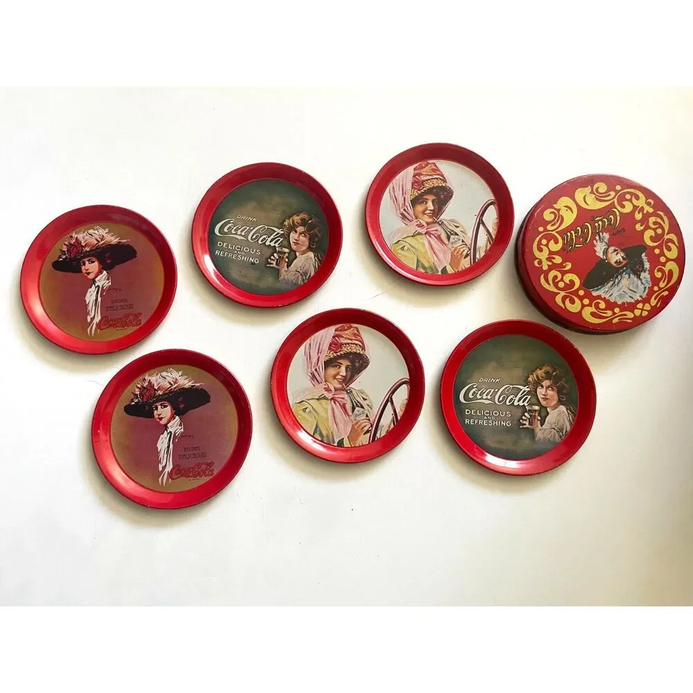 1993 Coca Cola Coasters Metal 3.5 Inch Tin Retro Drink Coke Vintage Lot of 6 Red